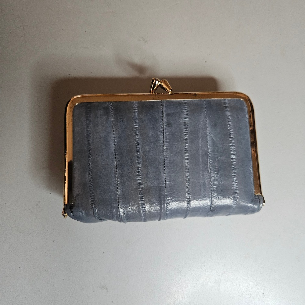 Vintage Genuine Eel Skin Coin Purse Blue Gray Kiss Lock Mirror Made in Korea